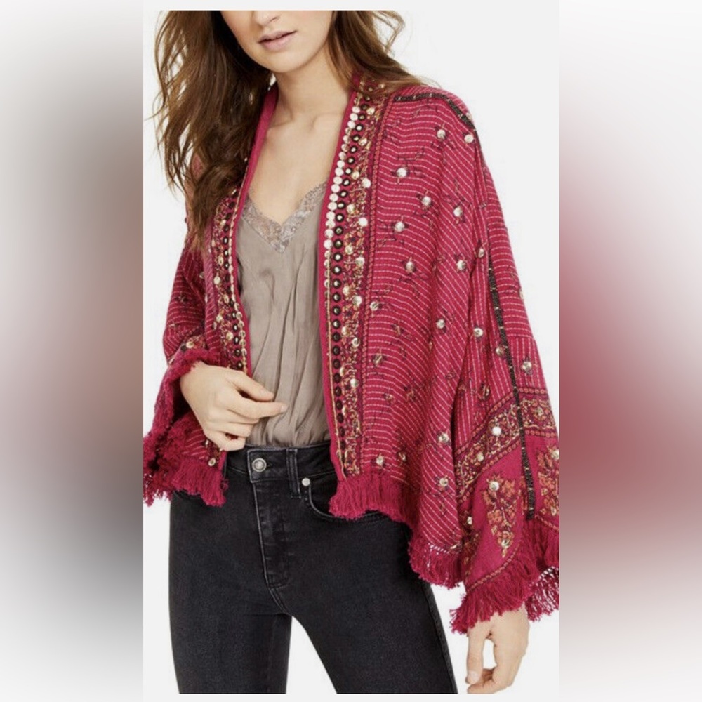 NWT Free People Ray of Light red Kimono jacket with embellishment